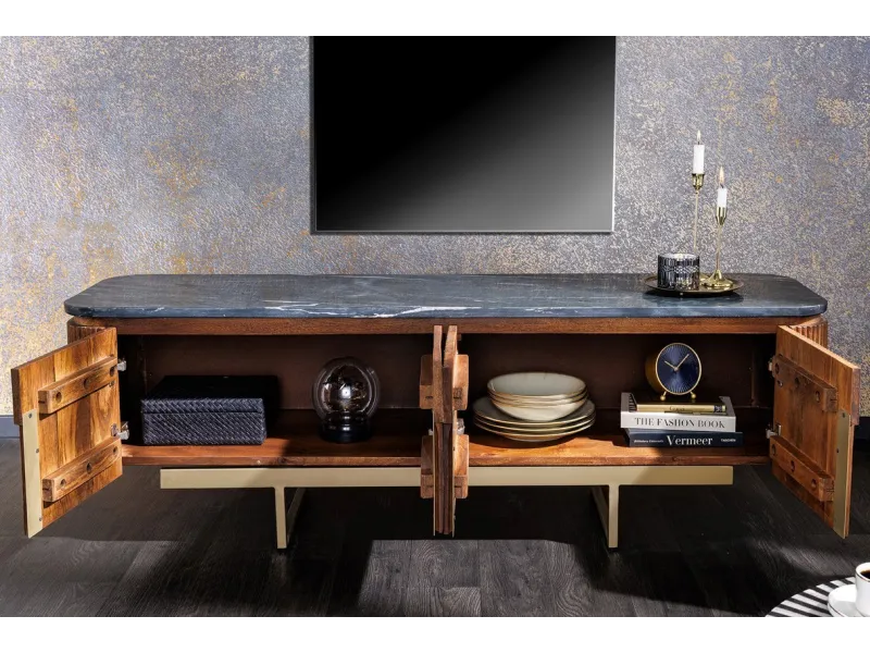 Meuble TV Gatsby 160cm en bois de manguier plateau marbre noir piètement doré