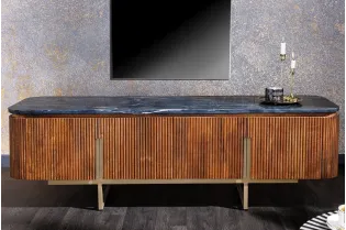 Meuble TV Gatsby 160cm en bois de manguier plateau marbre noir piètement doré 2