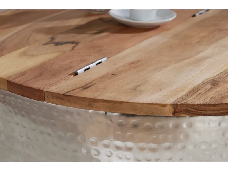 Table basse Ronde Orient Rangement Argent 60cm Bois d'Acacia Massif