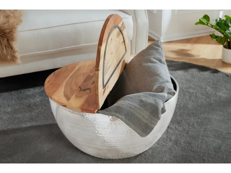 Table basse Ronde Orient Rangement Argent 60cm Bois d'Acacia Massif