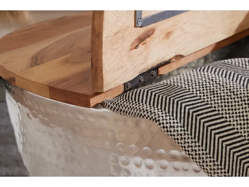 Table basse Ronde Orient Rangement Argent 60cm Bois d'Acacia Massif