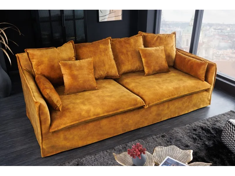 Canapé velours 3 places jaune moutarde – Design moderne pour salon chic