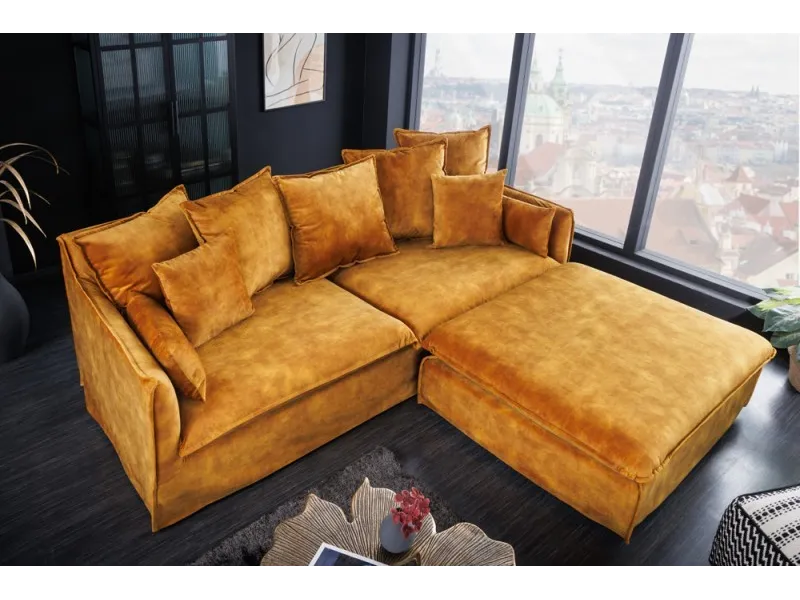 Canapé velours 3 places jaune moutarde – Design moderne pour salon chic