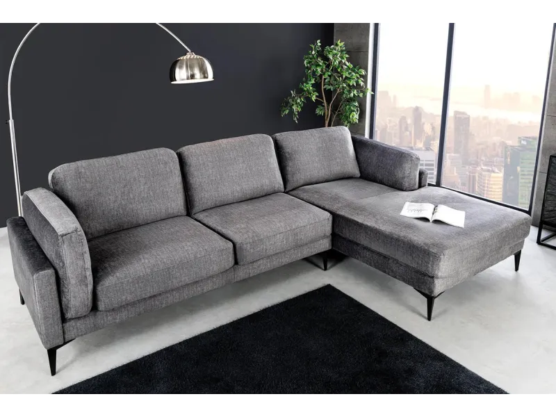 Canapé d'angle design MANHATTAN 295cm velours gris foncé ressorts ensachés 3 places pieds métal
