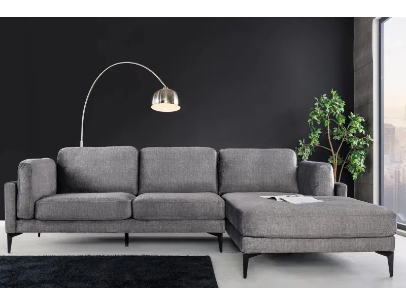 Canapé d'angle design MANHATTAN 295cm velours gris foncé ressorts ensachés 3 places pieds métal
