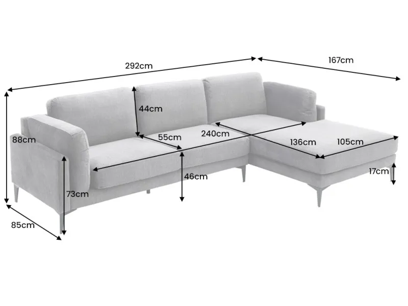 Canapé d'angle design MANHATTAN 295cm velours gris foncé ressorts ensachés 3 places pieds métal