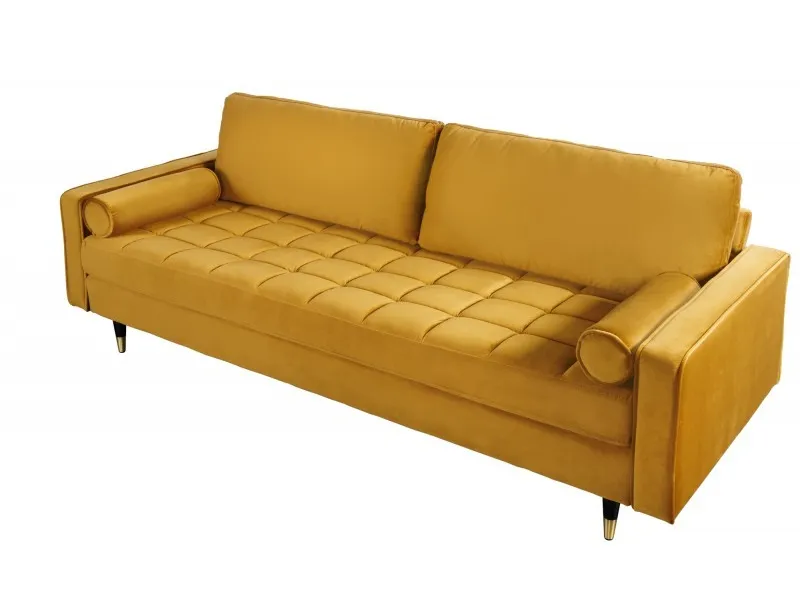 Canapé design capitonné en velours coloris abricot avec pieds chrom...