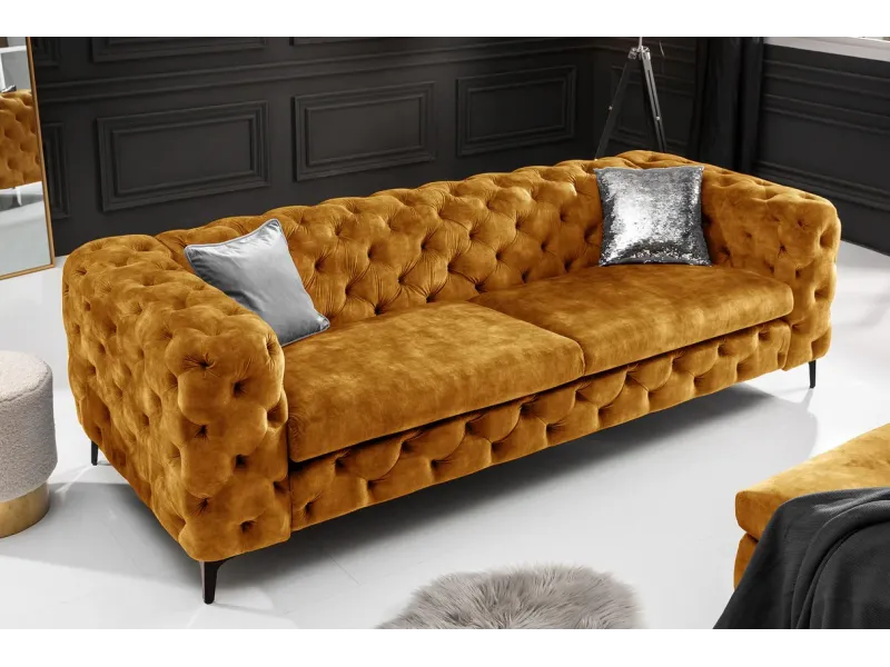 Canapé MODERN BAROCK 240cm 3 places – Élégance et raffinement en velours jaune moutarde