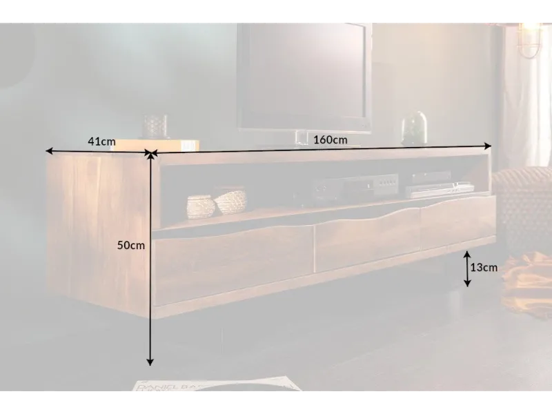 Meuble TV en Bois d'Acacia Massif - Finition Miel Naturel