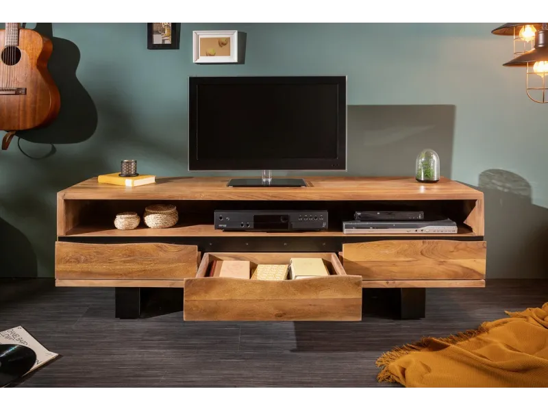 Meuble TV en Bois d'Acacia Massif - Finition Miel Naturel