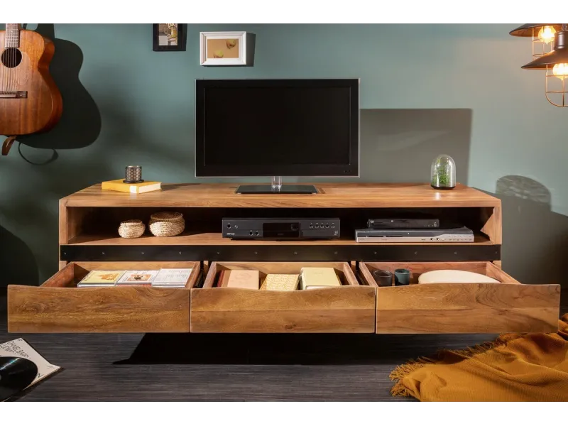 Meuble TV en Bois d'Acacia Massif - Finition Miel Naturel