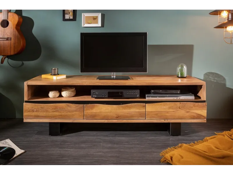 Meuble TV en Bois d'Acacia Massif - Finition Miel Naturel