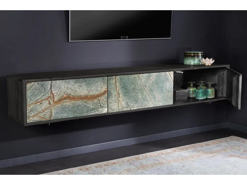 Meuble TV 160cm en Bois d'Acacia avec Façades en Placage de Pierre Marbrée