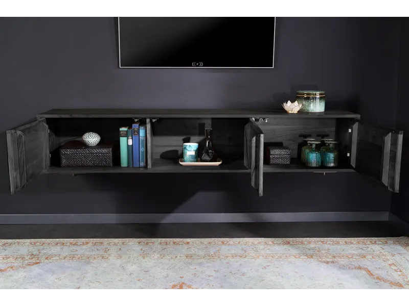 Meuble TV 160cm en Bois d'Acacia avec Façades en Placage de Pierre Marbrée