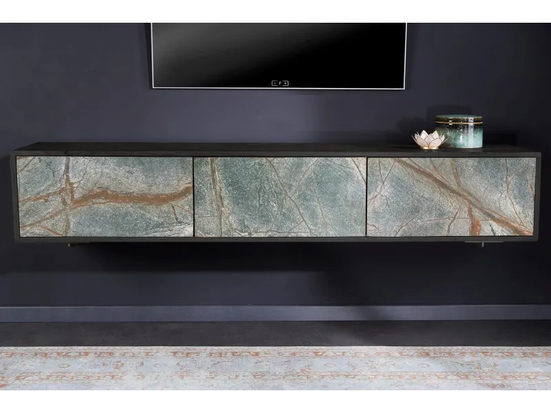 Meuble TV 160cm en Bois d'Acacia avec Façades en Placage de Pierre Marbrée