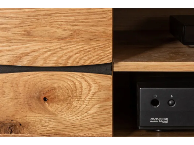 Meuble TV Industriel en Placage Chêne avec Tiroirs et Compartiments