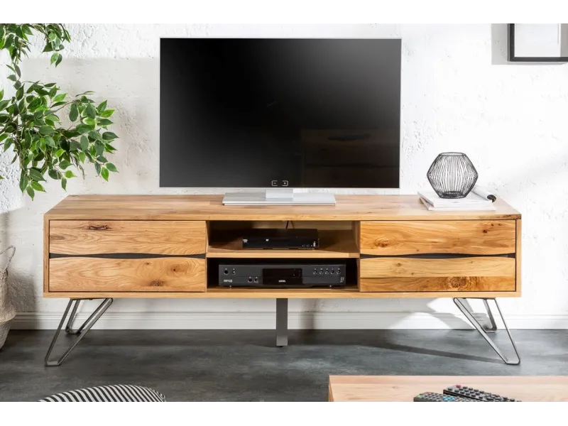 Meuble TV Industriel en Placage Chêne avec Tiroirs et Compartiments