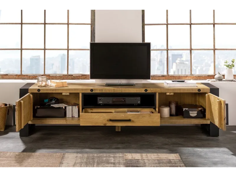 Meuble TV Industriel en Bois Massif avec Cadres en Fer Noir