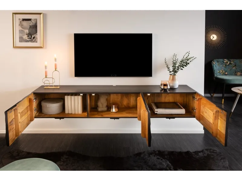 Meuble TV Suspendu 160cm en Bois de Manguier avec Surface en Relief 3D