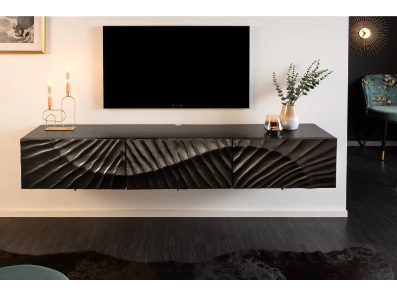 Meuble TV Suspendu 160cm en Bois de Manguier avec Surface en Relief 3D