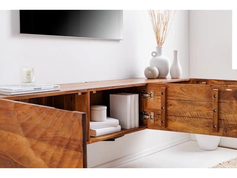 Meuble TV Suspendu en Bois de Manguier avec Surface en Relief 3D