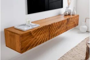 Meuble TV Suspendu en Bois de Manguier avec Surface en Relief 3D
