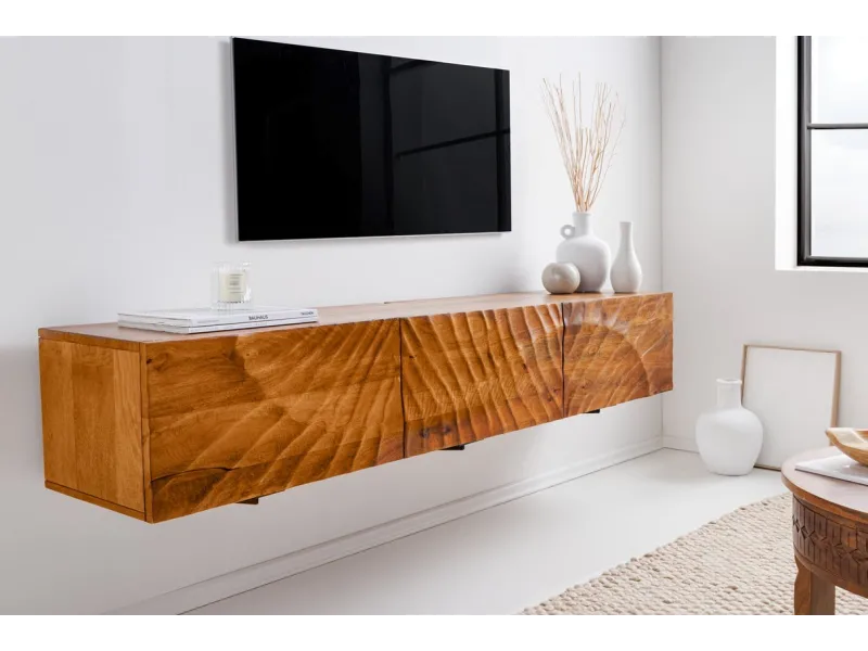 Meuble TV Suspendu en Bois de Manguier avec Surface en Relief 3D