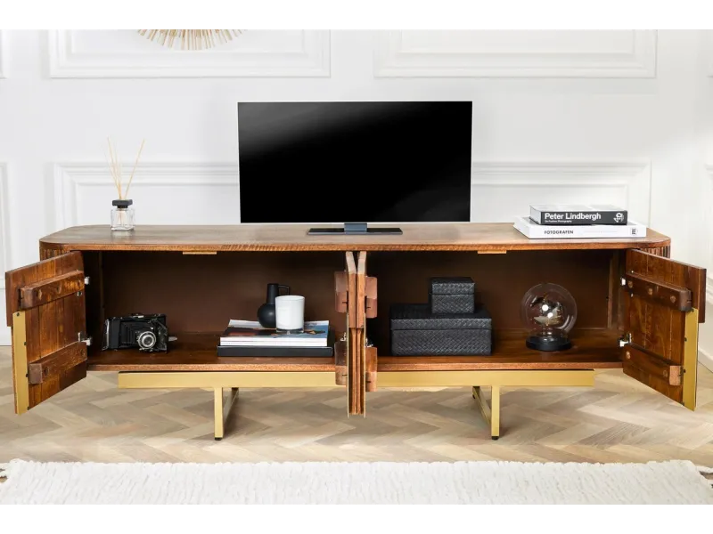Meuble TV Rétro en Bois Massif Rainuré