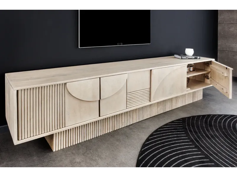 Meuble TV art déco 200cm en bois de manguier coloris blanc