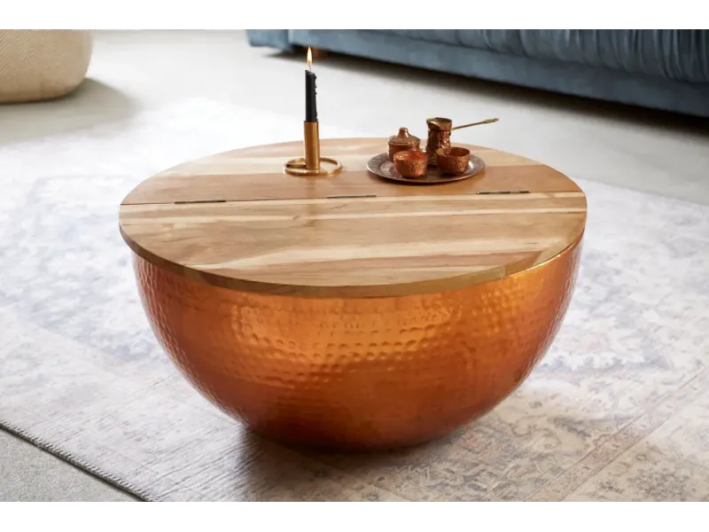 Table basse Orient Rangement Cuivre 60cm Ronde Bois d'Acacia Massif