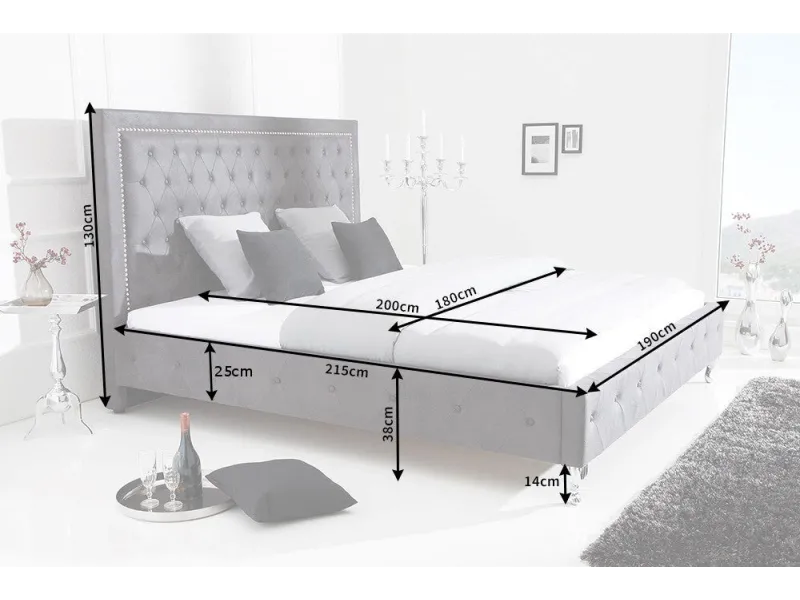 Lit design 180x200cm avec rivets de velours gris antique