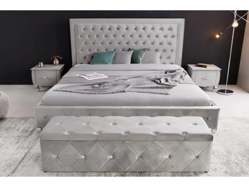 Lit design 180x200cm avec rivets de velours gris argent