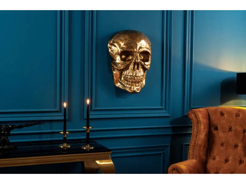 Sculpture murale design crâne humain en aluminium coloris doré Figu...