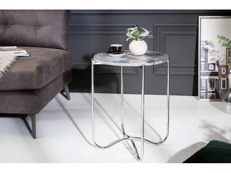Lot de 2 tables d'appoint moderne en marbre et en métal coloris gri...