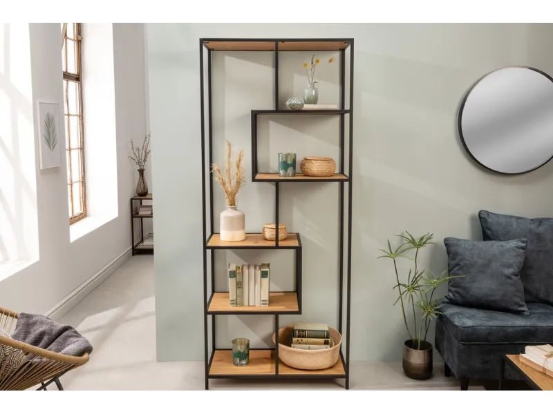 Bibliothèque design industriel coloris naturel en bois acacia massi...