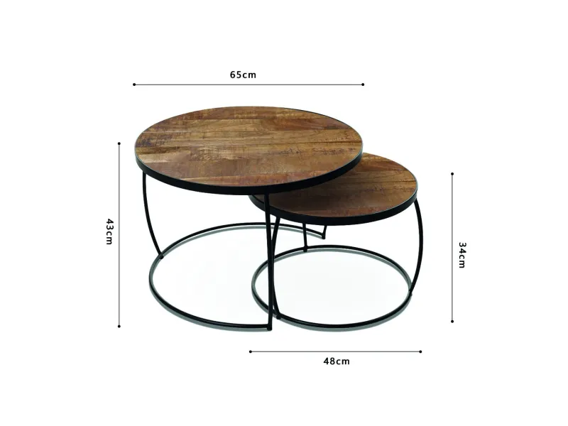Pas cher Set de 2 tables basses rondes style industriel en bois vieilli