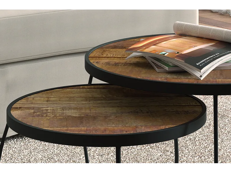 Pas cher Set de 2 tables basses rondes style industriel en bois vieilli