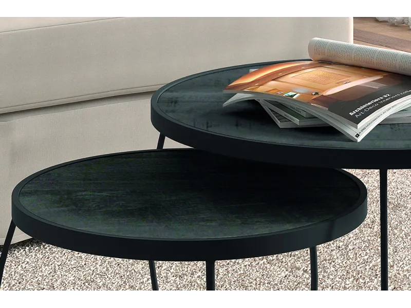 Pas cher Set de 2 tables basses rondes style industriel en bois vieilli