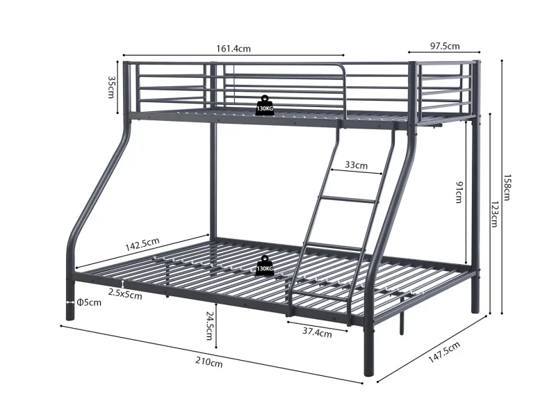 Lit Superposé en Métal Coloris Gris 140/90x200 cm