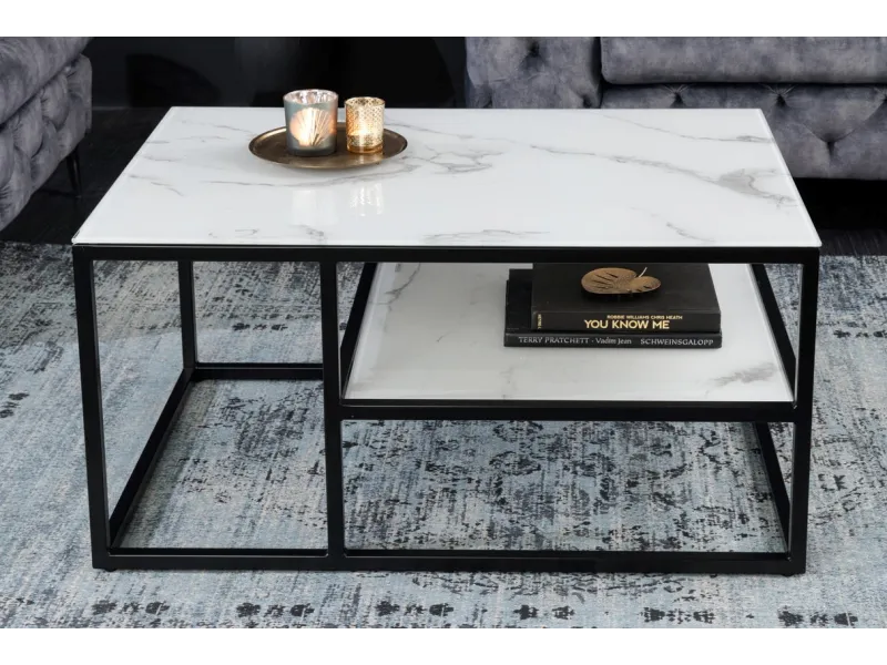 Table Basse en Verre de Sécurité avec Structure en Métal Noir