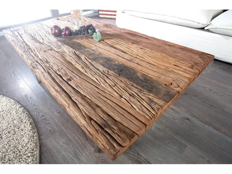 Table Basse en Bois Massif Recyclé  au Style Rustique avec plateau en verre