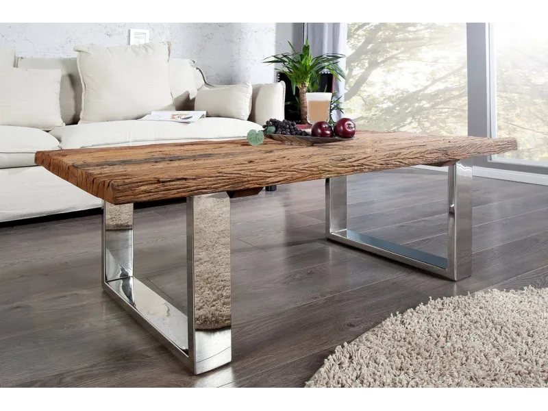 Table Basse en Bois Massif Recyclé  au Style Rustique avec plateau en verre