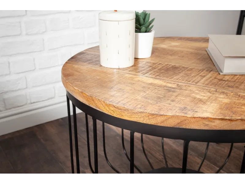 Table Basse ronde en Bois Massif de Manguier au Style Industriel