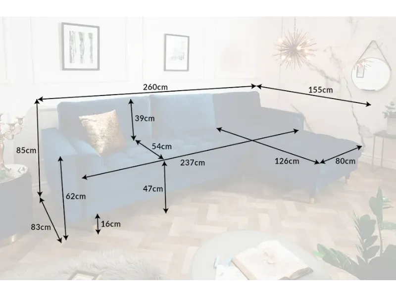 Canapé d'angle en velours coloris bleu 260cm (MONTABLE À GAUCHE + À DROITE)