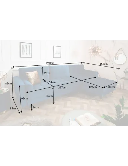 Canapé d'angle en velours coloris bleu 260cm (MONTABLE À GAUCHE + À DROITE)