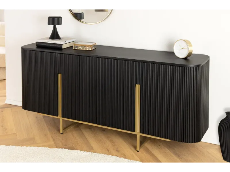 Buffet bois manguier noir et or 160 cm – Design rétro chic | Bellozia