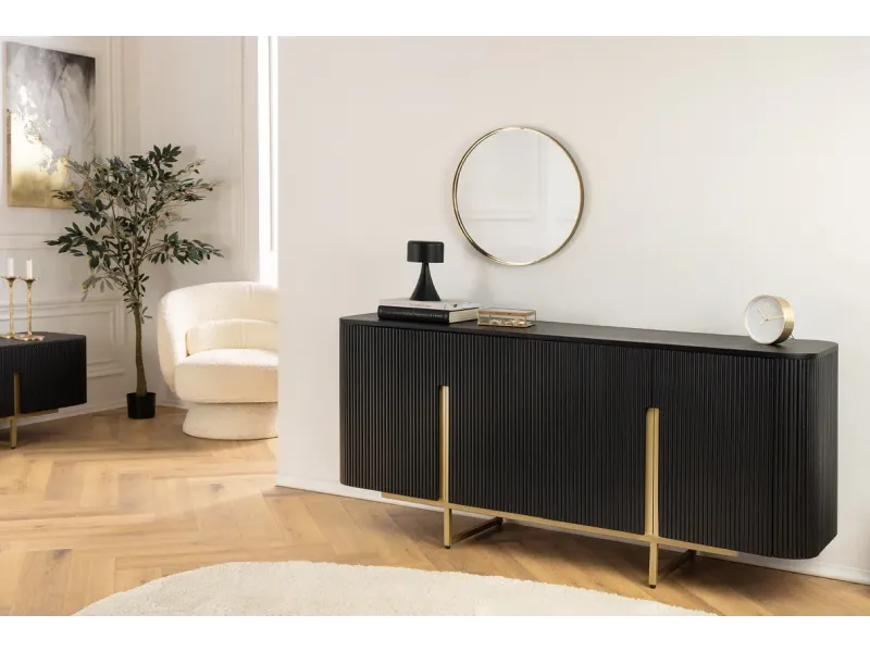 Buffet bois manguier noir et or 160 cm – Design rétro chic | Bellozia