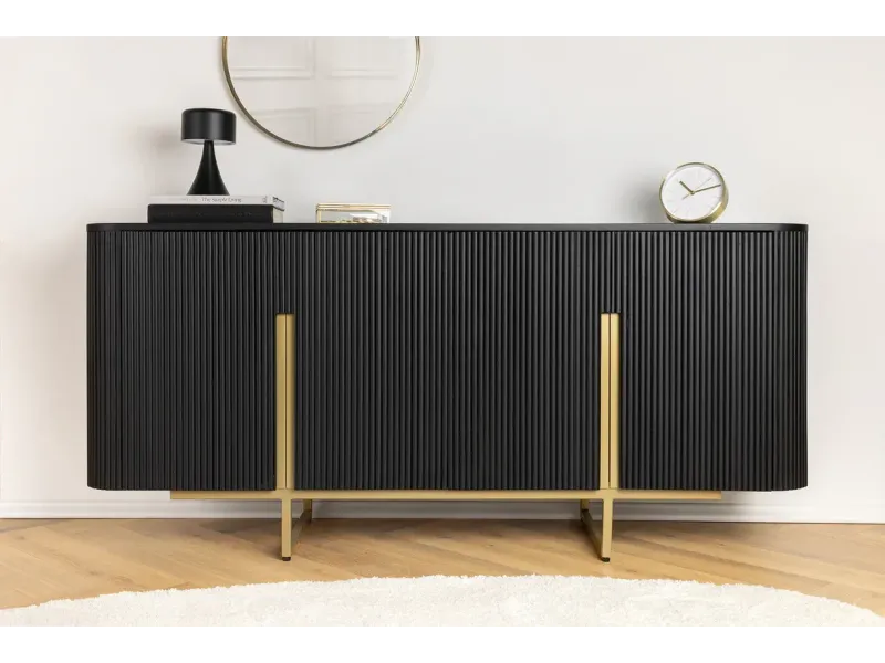 Buffet bois manguier noir et or 160 cm – Design rétro chic | Bellozia