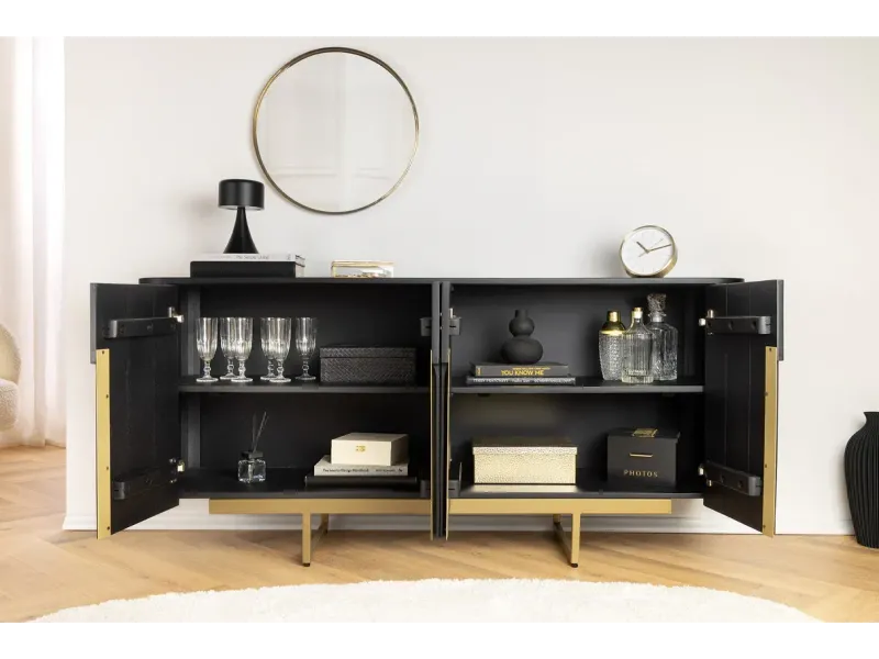 Buffet bois manguier noir et or 160 cm – Design rétro chic | Bellozia