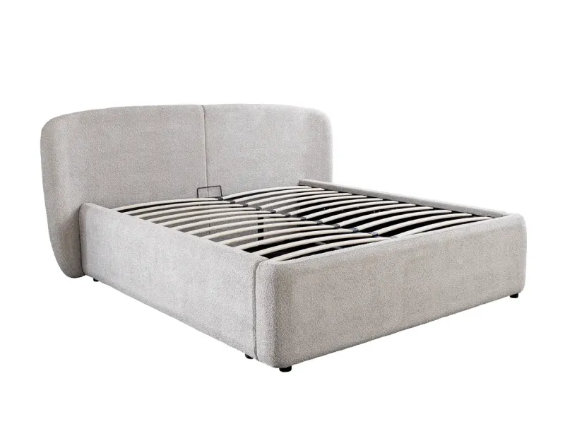 Lit ART DÉCO 180x200 cm – Bouclé grège avec rangements intégrés